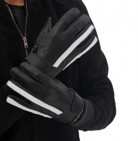 Black and white perforated leather gloves