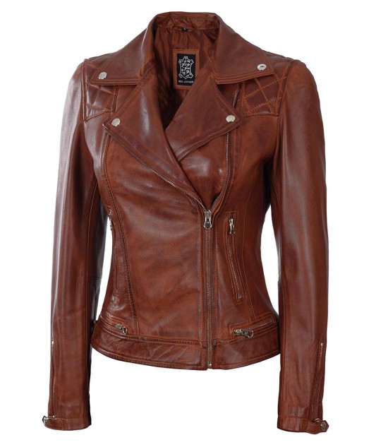 womens cognac quilted leather jacket