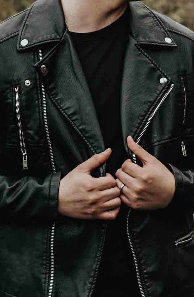 black leather jacket with black shirt
