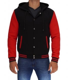 black and red letterman with hood