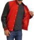 red lettermen jacket with black leather sleeves