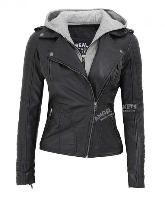 Bagheria Womens Black Asymmetrical Hooded Leather Jacket