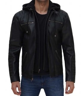 Mens Black hooded leather jacket