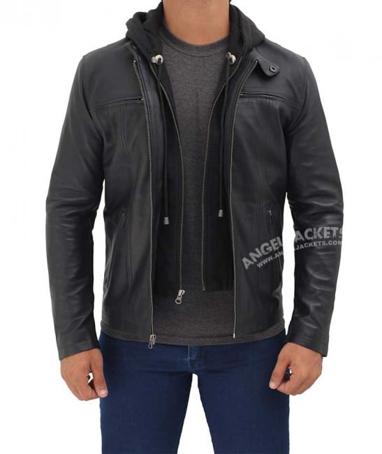 black hooded leather jacket