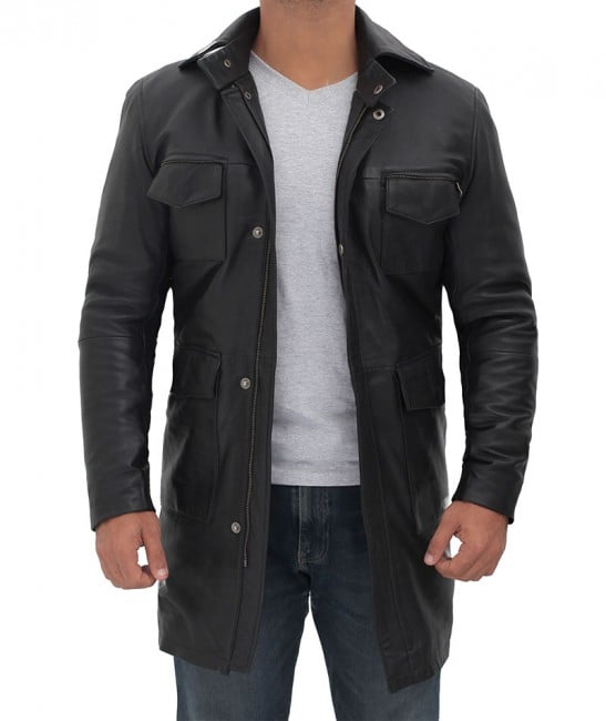 mens black leather car coat