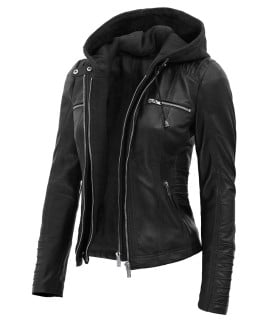 black leather jacket with hood