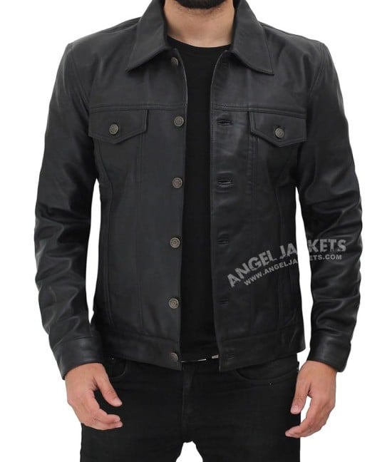 Fernando black leather trucker jacket