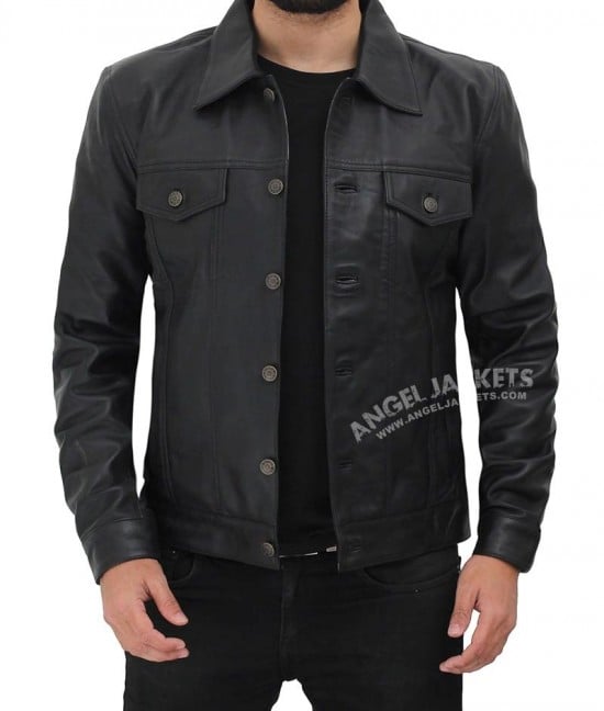 Fernando black leather trucker jacket