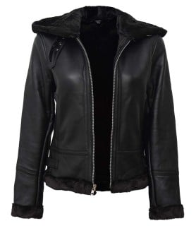 Black Fur Hooded Leather Womens Jacket