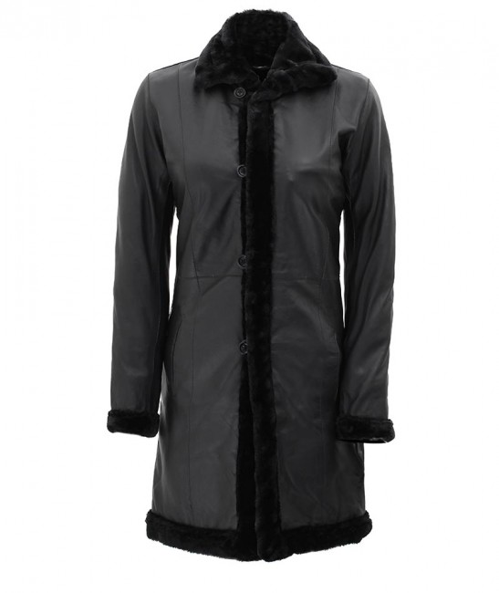 black leather shearling coat for women