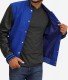 blue lettermen jacket with black leather sleeves
