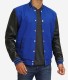 blue varsity jacket with black leather sleeves mens