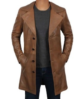 mens brown leather car coat