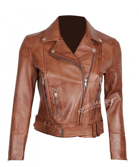 womens brown leather biker jacket