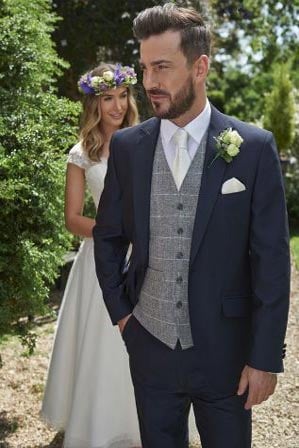 Blue wedding Suit With Check Vest for men