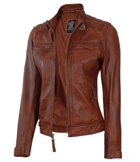 johnson women cognac quilted fitted motorcycle leather jacket