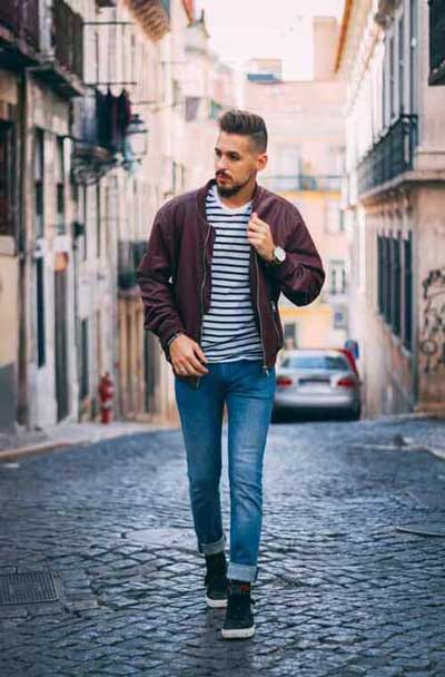 Guy wearing maroon cotton Bomber jacket in smart casual look for summer outerwear