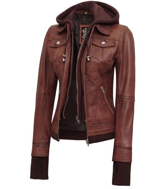 womens brown leather jacket with hood