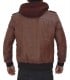 dark brown leather jacket with hood