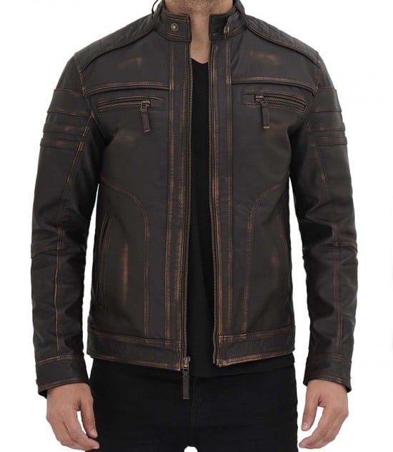 distressed dark brown leather jacket