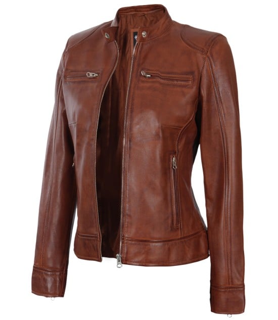 cognac leather riding jacket women
