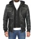 Grey Mens Leather Bomber Jacket with Removable Hood