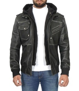 Grey Mens Leather Bomber Jacket with Removable Hood