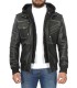 Grey Mens Leather Bomber Jacket with Removable Hood