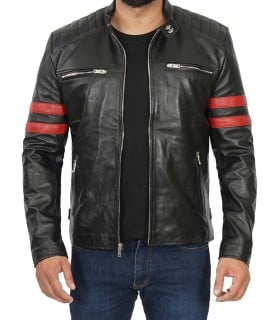 hunter red strip cafe racer motorcycle leather jackets
