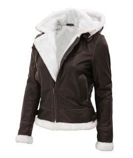 dark brown shearling leather jacket for women