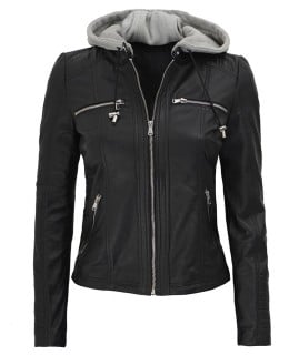 hooded leather jacket women