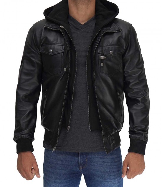 leather jacket with hood for men