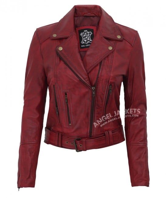 maroon asymmetrical leather jacket women