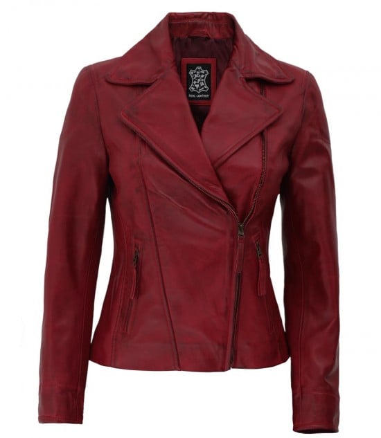 RAMSEY Red Assymmetrial Motorcycle Slim Fit Leather Jacket