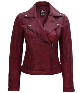 distressed red biker leather jacket