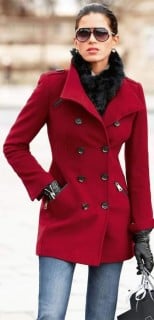 Womens Maroon Double Breasted Wool Coat