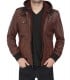 dark brown leather jacket in hooded style