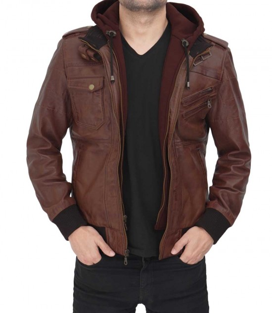 dark brown leather jacket in hooded style