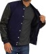 navy blue lettermen jacket with leather sleeves
