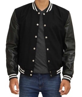black letterman jacket with leather sleeves