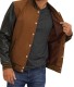 brown varsity jacket with black leather sleeves