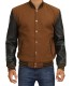 brown varsity jacket with leather sleeves