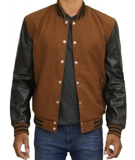 mens brown and black leather varsity jacket