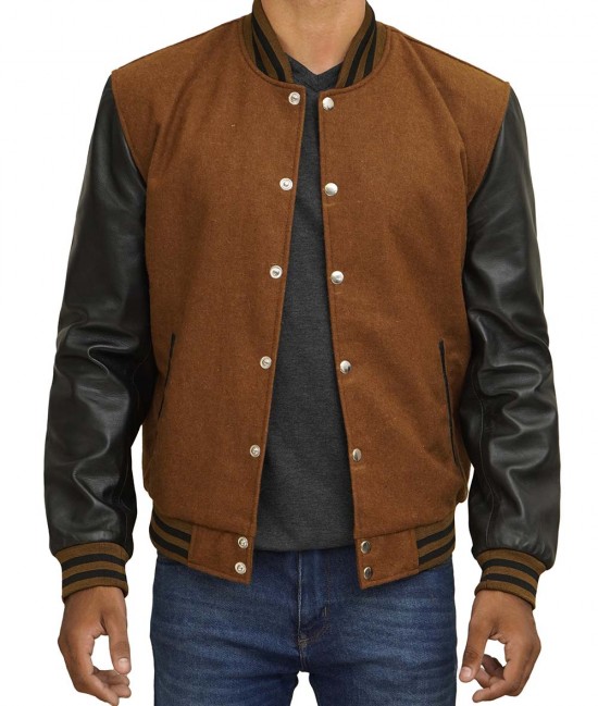 mens brown and black leather varsity jacket