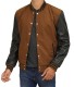 brown lettermen jacket with black leather sleeves