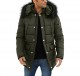 Mens green long down puffer hooded leather jacket