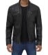 Mens Black leather jacket with hood