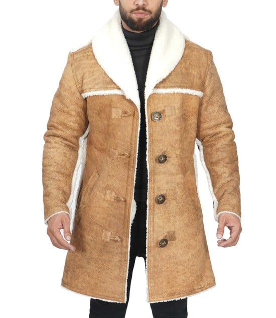 Mens Leather Distressed Waxed Sherpa Coat