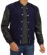 navy blue lettermen jacket with black leather sleeves