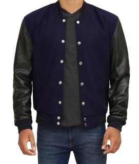 mens navy blue and black leather varsity jacket